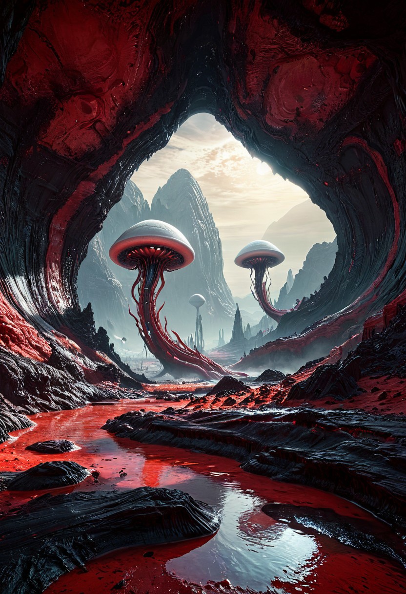 surreal scifi theme,
an alien world, white red black colors, weird textures, weird geometry, 
, warm textures, extremely detailed, dynamic, great lighting, perfect shading, atmospheric, best quality, sharp focus, high contrast, stylized, clear, surreal, ultra quality, 8k, best quality, masterpiece, midjourneyv6.1, detailmaximizer