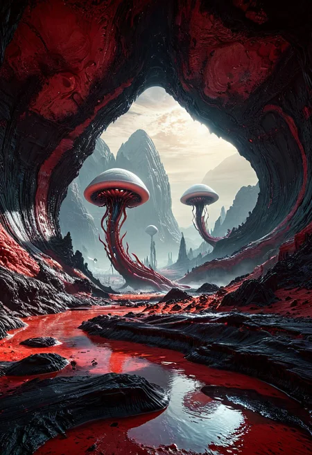 surreal scifi theme,
an alien world, white red black colors, weird textures, weird geometry,
, warm textures, extremely detailed, dynamic, great lighting, perfect shading, atmospheric, best quality, sharp focus, high contrast, stylized, clear, surreal, ultra quality, 8k, best quality, masterpiece, midjourneyv6.1, detailmaximizer