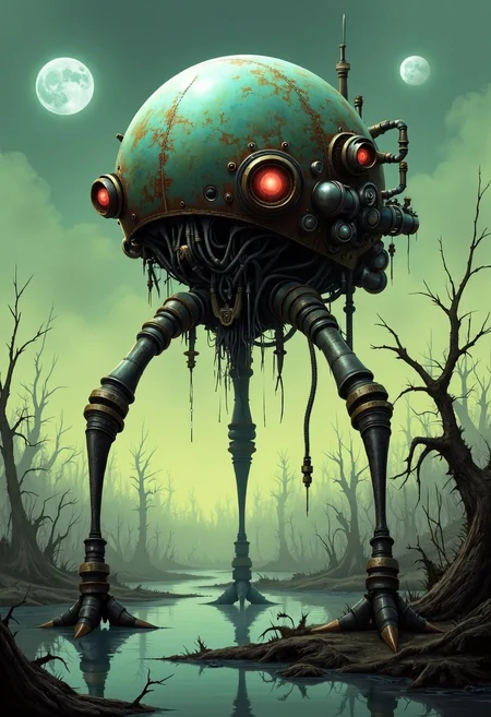 yfg-bgy a bio-mechanical creature with a worn, metallic surface and glowing red eyes stands on spindly, jointed legs in a swampy landscape. the sphere is detailed with protruding pipes, and other mechanical elements. the creature's legs end in pointed feet or claws. the background features a murky swamp with reflective water, dead trees, and a hazy, green-tinged sky with two moons. the image blends science fiction and fantasy, a sense of decay, and an unsettling, otherworldly presence in a desolate environment.