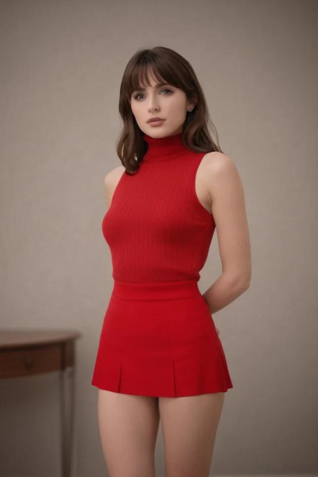 cinematic photo <lora:Hands_Behind_Back:1>, (HBB:1.76), (sfw: 1.1), (fully clothed: 1.1), (full body: 1.1) plain face , brown hair , short hair , wavy hair , short bangs, caucasian , tall girl, medium breasts , sleeveless turtleneck , red clothes , cleavage, (criminal: 1.21), (mean girl: 1.21), (villain: 1.21), straight back , in heat . 35mm photograph, film, bokeh, professional, 4k, highly detailed