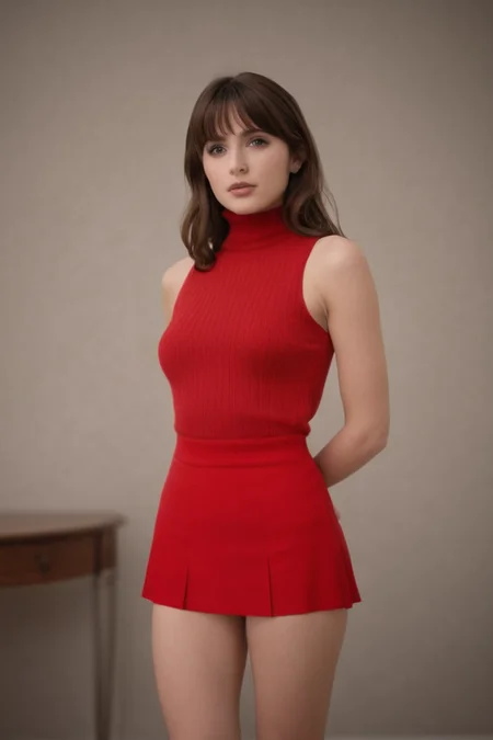 cinematic photo <lora:Hands_Behind_Back:1>, (HBB:1.76), (sfw: 1.1), (fully clothed: 1.1), (full body: 1.1) plain face , brown hair , short hair , wavy hair , short bangs, caucasian , tall girl, medium breasts , sleeveless turtleneck , red clothes , cleavage, (criminal: 1.21), (mean girl: 1.21), (villain: 1.21), straight back , in heat . 35mm photograph, film, bokeh, professional, 4k, highly detailed