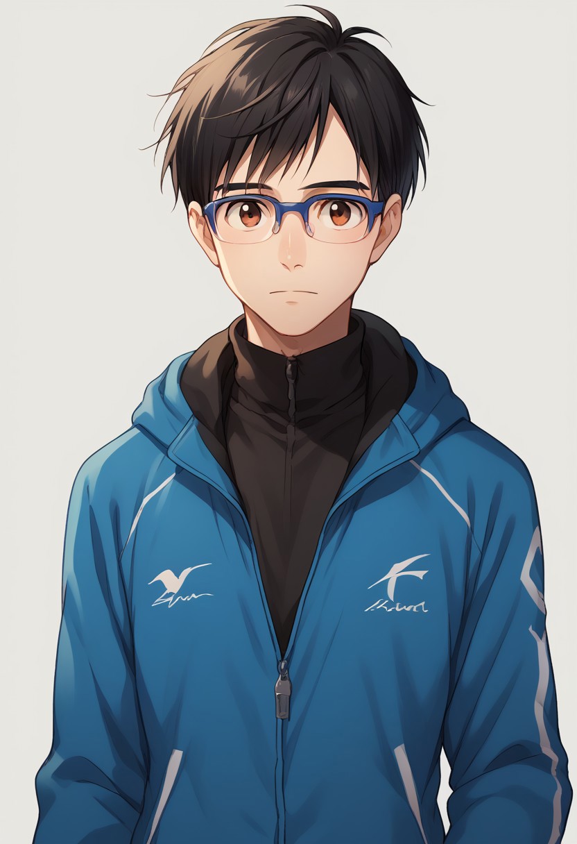 score_8_up, score_7_up, source_anime, highly detailed, 
yurikatsuki, 1boy, male focus, glasses, black hair, blue-framed eyewear,  jacket, brown eyes, track jacket, turtleneck, solo, upper body,