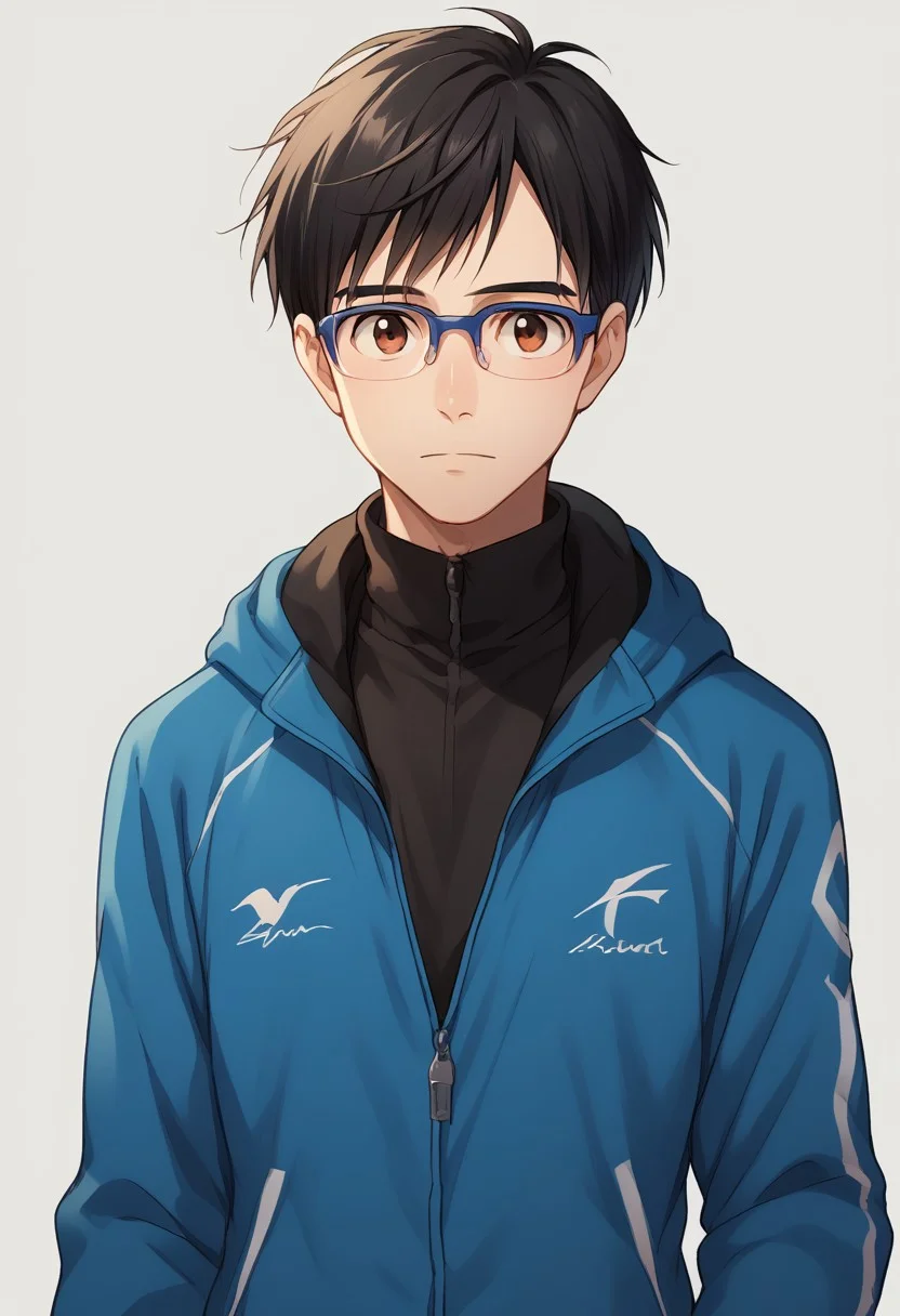 score_8_up, score_7_up, source_anime, highly detailed,
yurikatsuki, 1boy, male focus, glasses, black hair, blue-framed eyewear, jacket, brown eyes, track jacket, turtleneck, solo, upper body,