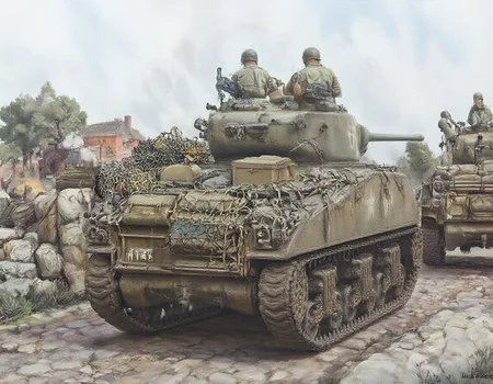 oil painting of a battlefield, US Army M4A3 tank. Photographed from diagonally behind. Exterior parts and wooden boxes are attached to the rear of the vehicle, and a protective net is placed over them. Sandbags are placed on the side of the vehicle. The tank crew is peeking out from the hatch. A log is hung from the side of the vehicle, and sandbags are placed on top of it... <lora:m4a3-76:0.8>m4a3-76, <lora:aidmaImageUprader-FLUX-v0.3:0.7> aidmaimageupgrader, , cobblestone road, <lora:FLUX.1-Turbo-Alpha:1>