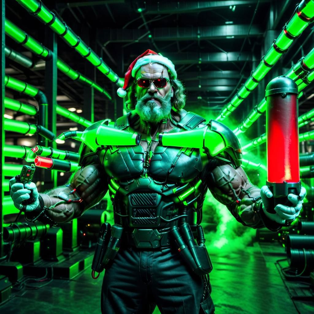 raw photo,cinematic shot,realistic,cybermutant terminator santa claus with glowing red and green tubes in an industrial facility