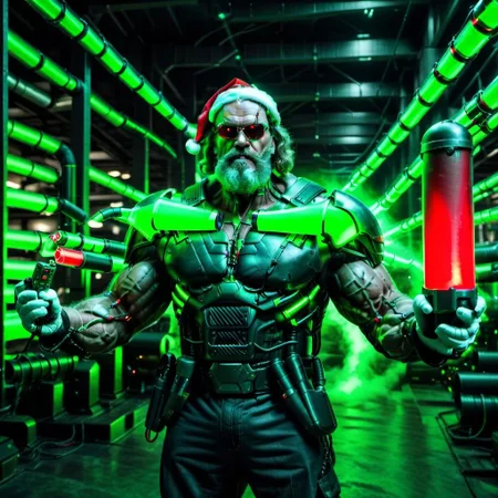 raw photo,cinematic shot,realistic,cybermutant terminator santa claus with glowing red and green tubes in an industrial facility