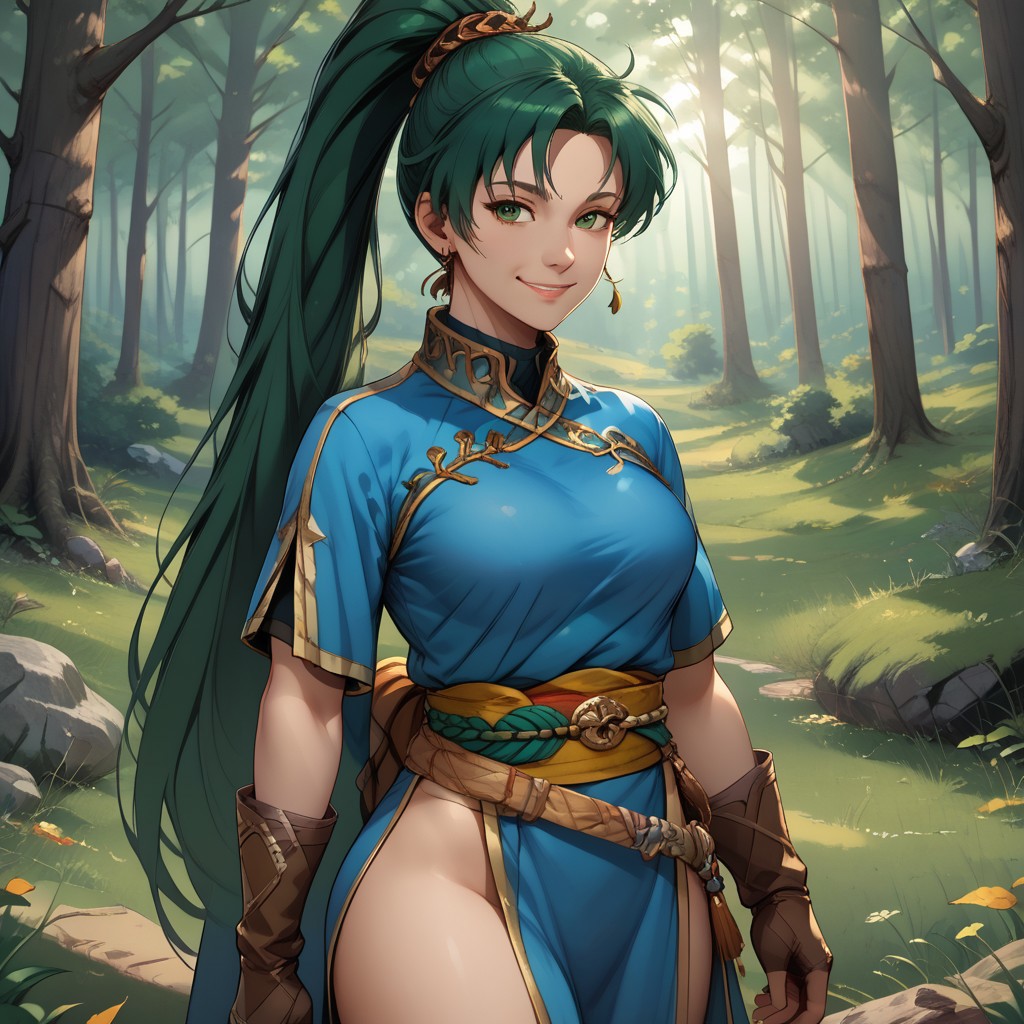 score_9, score_8, BREAK, solo, 1 Girl, long green hair in a high ponytail, blue tunic, pelvic curtain sash, long flowing side slits, brown leather boots, brown gloves, gold belt, wearing thigh-high boots with intricate designs, sexy pose, self portrait, smile, looking at viewer, outdoors, sunlight, shadows, evening lighting, natural lighting, forest, trees, grass, orange sky, sunset