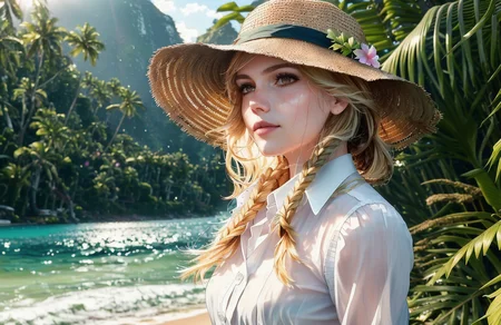 Style-Moana-2300 epic mountain and coastline background, award winning portrait photo of a beautiful (freedom fighter:1.2),wearing a torn blouse, fedora hat, blonde hair braided, sweat, wet shirt, dense jungle in background, sweaty, face flushed, large jungle bush in foreground, sunny, jungle plants in background, shiny skin, (backlighting:1.2), bloom, (light sparkles:1.2), chromatic aberration, (lens flare:1.2), sharp focus