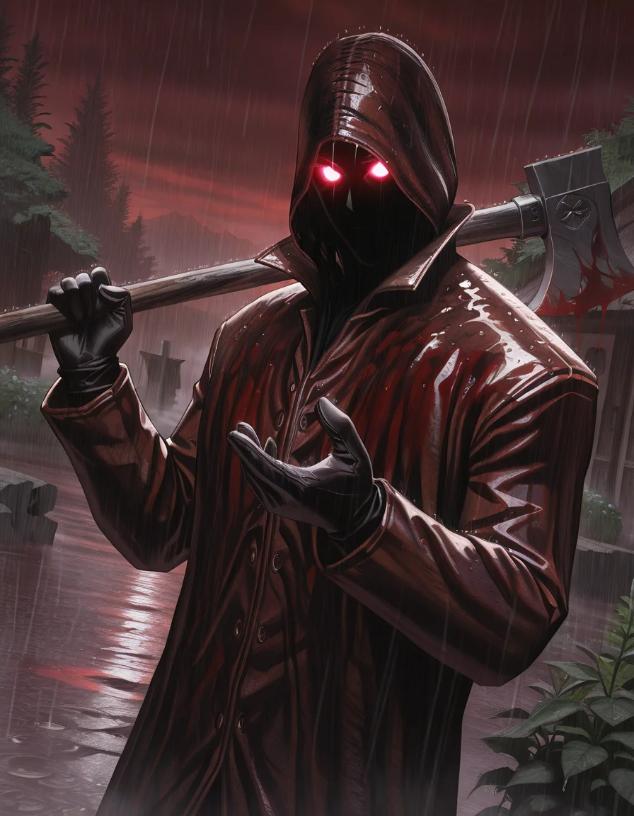 Masterpiece, realistic, hires, detailed face and eyes, ultra quality, Beautiful background, garden, sharp quality, 1boy, dp_killer, solo, {{very glowing eyes}}, holding, holding huge wood axe, coat, rain, <lora:Deadly_Premonition_raincoat_killer:1> blood on coat, gesture hand, gesture no, glowing , glove, Dutch angle, bust body, corpses around, red sky, fog, dynamic pose,