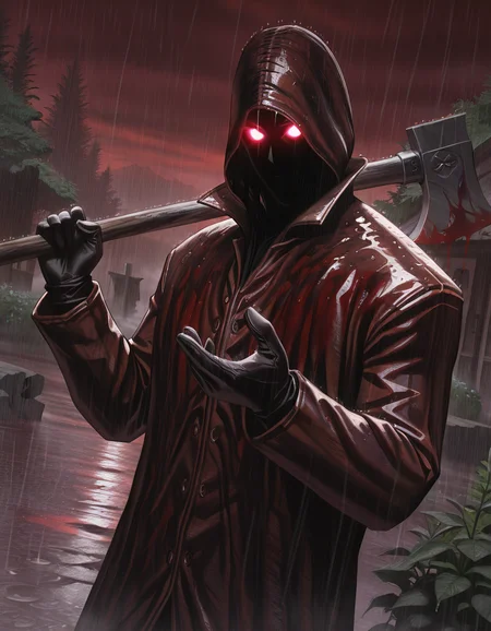 Masterpiece, realistic, hires, detailed face and eyes, ultra quality, Beautiful background, garden, sharp quality, 1boy, dp_killer, solo, {{very glowing eyes}}, holding, holding huge wood axe, coat, rain, <lora:Deadly_Premonition_raincoat_killer:1> blood on coat, gesture hand, gesture no, glowing , glove, Dutch angle, bust body, corpses around, red sky, fog, dynamic pose,