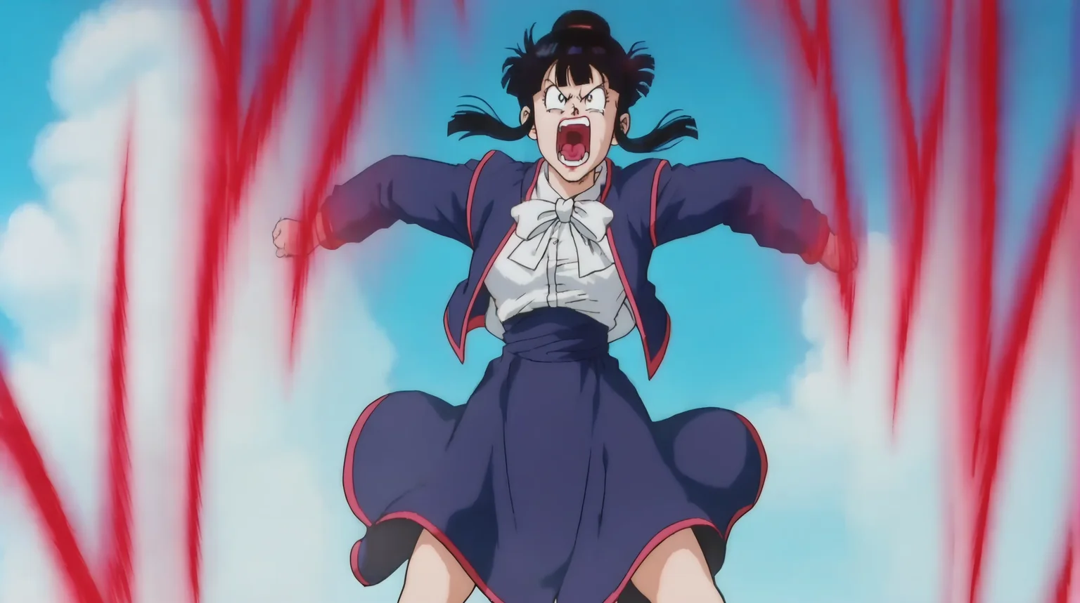 source_anime, score_9, score_8_up, score_7_up, anime screencap, absurdres, official style, chi-chi, bangs, black hair, blunt bangs, sidelocks, hair bun, single hair bun, black eyes, 1girl, solo,outdoors, city, (((kaioken, red aura, aura))), floating clothes, clenched hands, v-shaped eyebrows, standing, spread legs, street, (((broly movie))), bowtie, blue jacket, open jacket, long sleeves, white shirt, dress shirt, pencil skirt, blue skirt, high-waist skirt, cowboy shot, looking up, screaming, teeth, open mouth, thighs, 
 <lora:chichi_pony_v3e20:0.8>