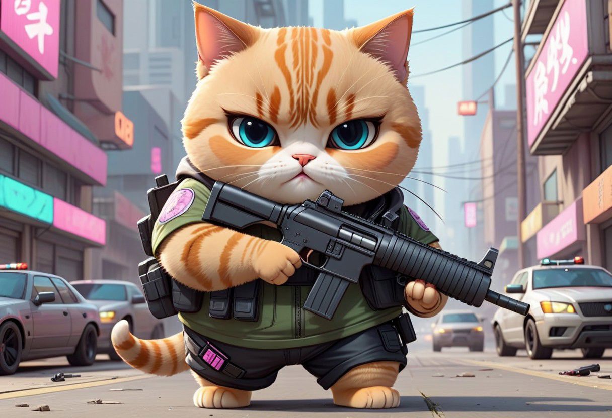 "Grand Theft Auto" style of gunner cute chubby cat army in cyberpunk clothing, pointing gun at camera  ar 9:16  stylize 200  v 6