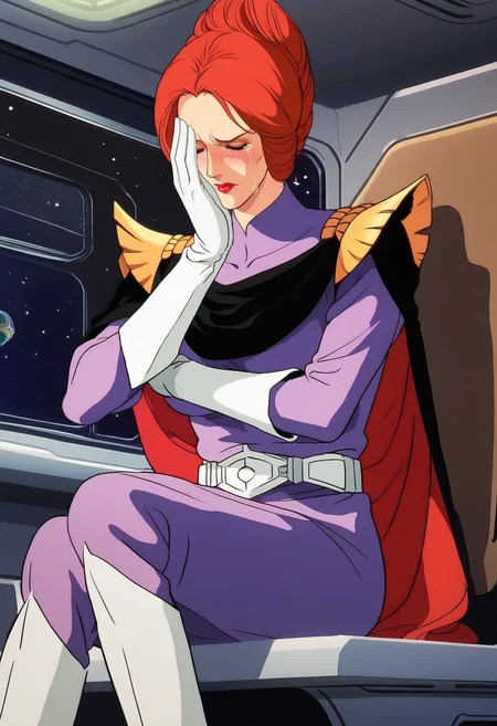 score_9, score_8_up, score_7_up, score_6_up, anime screencap, anime coloring, <lora:FGKycilia:0.9>, FGKycilia, 1girl, solo, red hair, hair bun, no ears, closed eyes, lipstick, breasts, 
military uniform, belt, cape, white gloves, pants, knee boots, 
embarrassed, tears, looking down, covering face, facepalm, sitting, 
BREAK spacecraft interior, window, space,