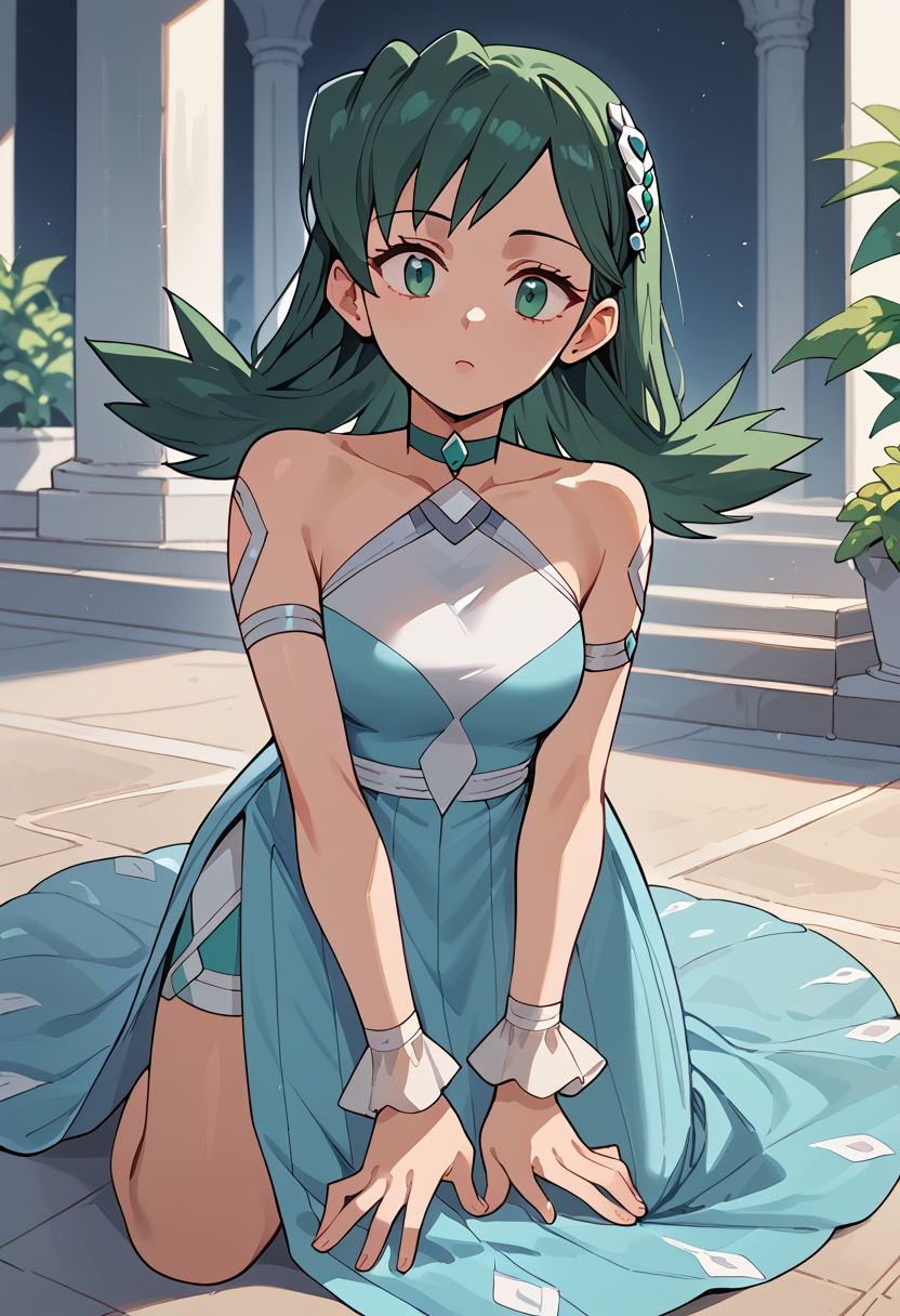 Kneeling and mimicking petting an imaginary pet,  <lora:KrisPony-10:1> Kris_Sygna, medium hair, green hair, hair ornament, green eyes, choker, dress,  blue dress, halter dress, bare shoulders, shorts, blue short, shorts under dress, wrist cuffs,, score_9, score_8_up, score_7_up, score_6_up, score_5_up, score_4_up,