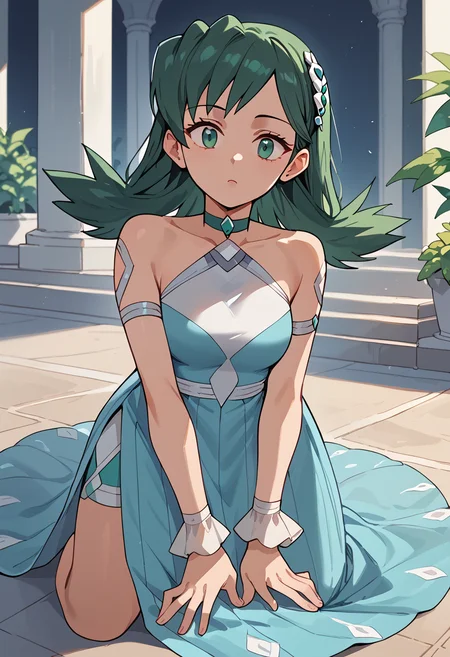 Kneeling and mimicking petting an imaginary pet, <lora:KrisPony-10:1> Kris_Sygna, medium hair, green hair, hair ornament, green eyes, choker, dress, blue dress, halter dress, bare shoulders, shorts, blue short, shorts under dress, wrist cuffs,, score_9, score_8_up, score_7_up, score_6_up, score_5_up, score_4_up,