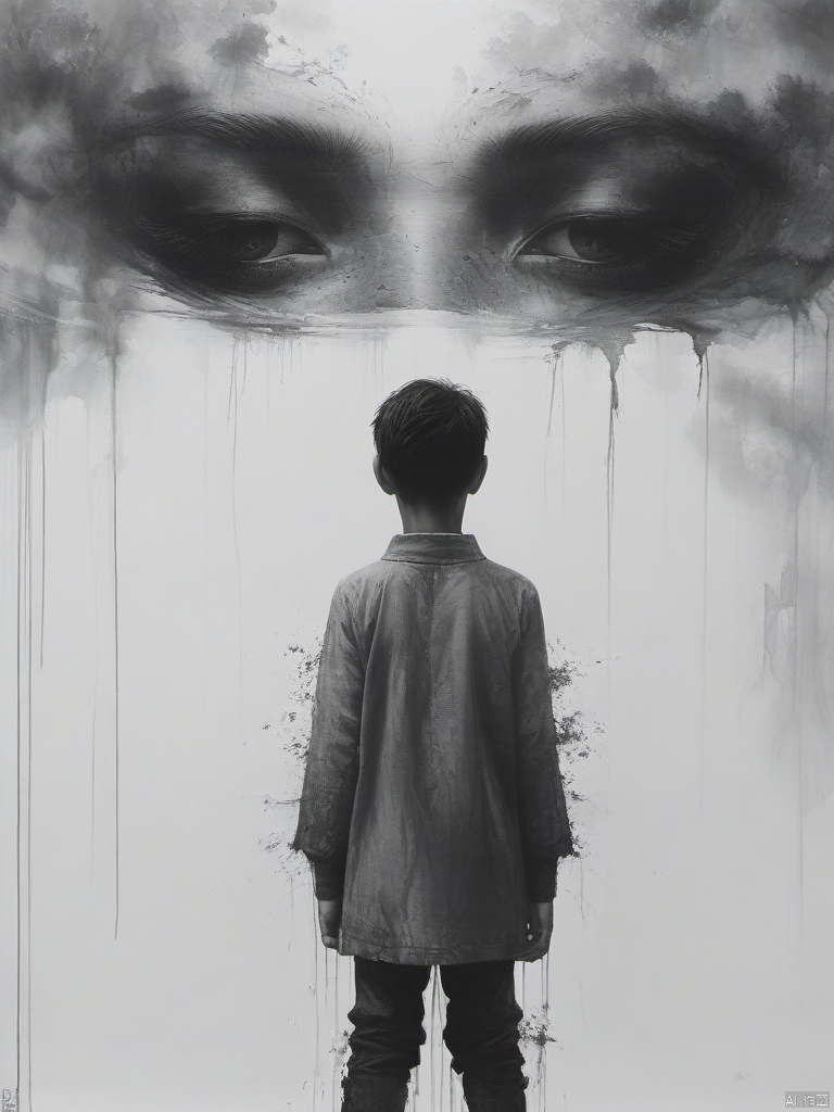 ananmo, monochrome, solo, greyscale, grey background, abstract, white background, surreal, 1boy, ananmo