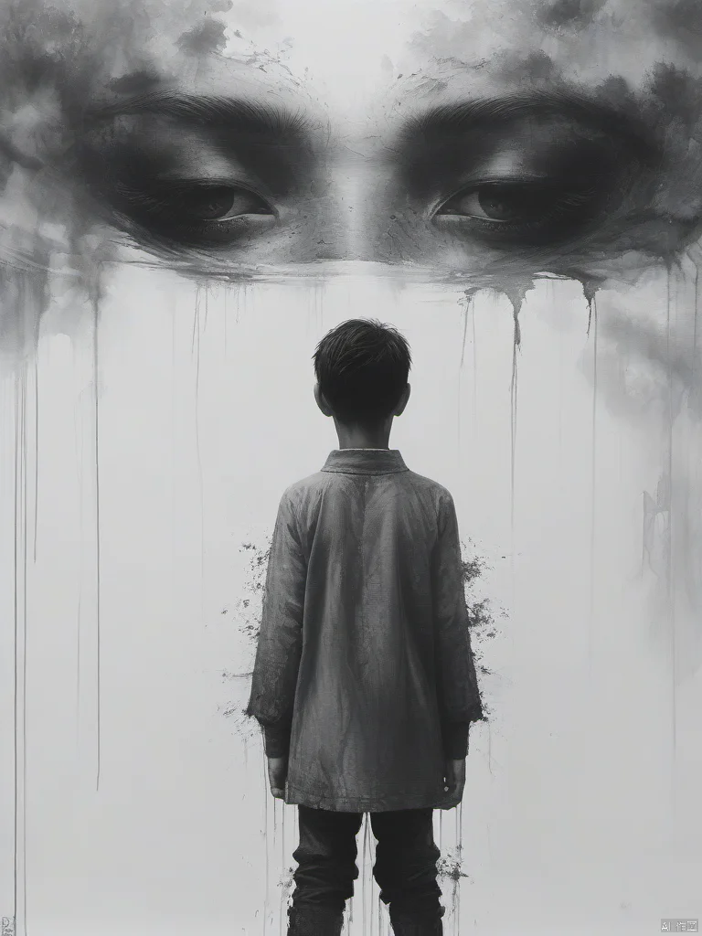 ananmo, monochrome, solo, greyscale, grey background, abstract, white background, surreal, 1boy, ananmo