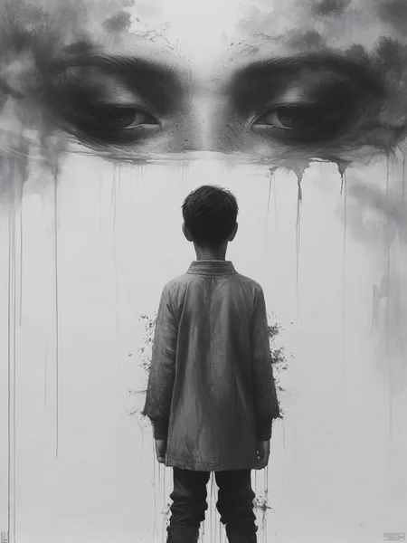 ananmo, monochrome, solo, greyscale, grey background, abstract, white background, surreal, 1boy, ananmo