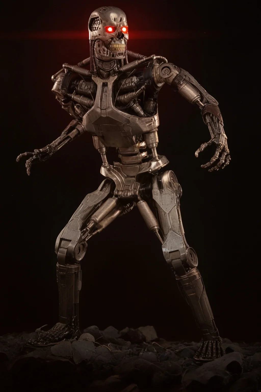 T800_Endo, Terminator robot, score_9, score_8_up, score_7_up, (source_IRL, source_movie), cinematic, realistic, masterpiece, high quality, highres RAW photo, ((full body shot))
a T800_Endo Terminator Robot with glowing red eyes, he is made of metal, <lora:T800_Endo_Terminator_Pony_v1-000013:1>
(standing, fight stance)
black background
dynamic lighting, highly detailed, intricate details