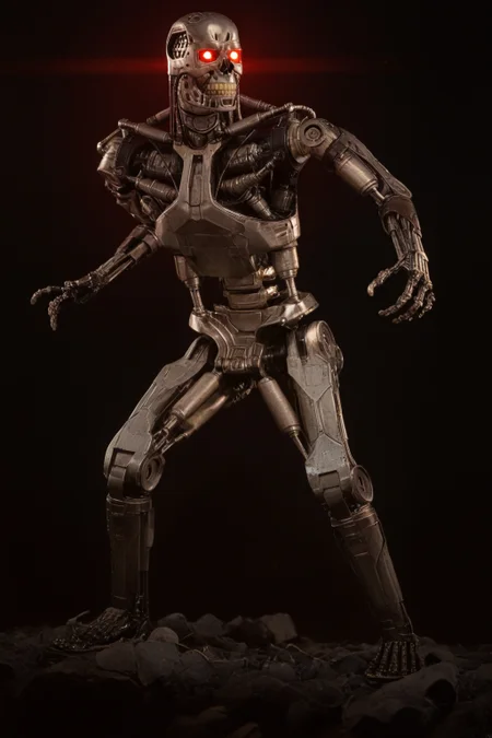 T800_Endo, Terminator robot, score_9, score_8_up, score_7_up, (source_IRL, source_movie), cinematic, realistic, masterpiece, high quality, highres RAW photo, ((full body shot))
a T800_Endo Terminator Robot with glowing red eyes, he is made of metal, <lora:T800_Endo_Terminator_Pony_v1-000013:1>
(standing, fight stance)
black background
dynamic lighting, highly detailed, intricate details