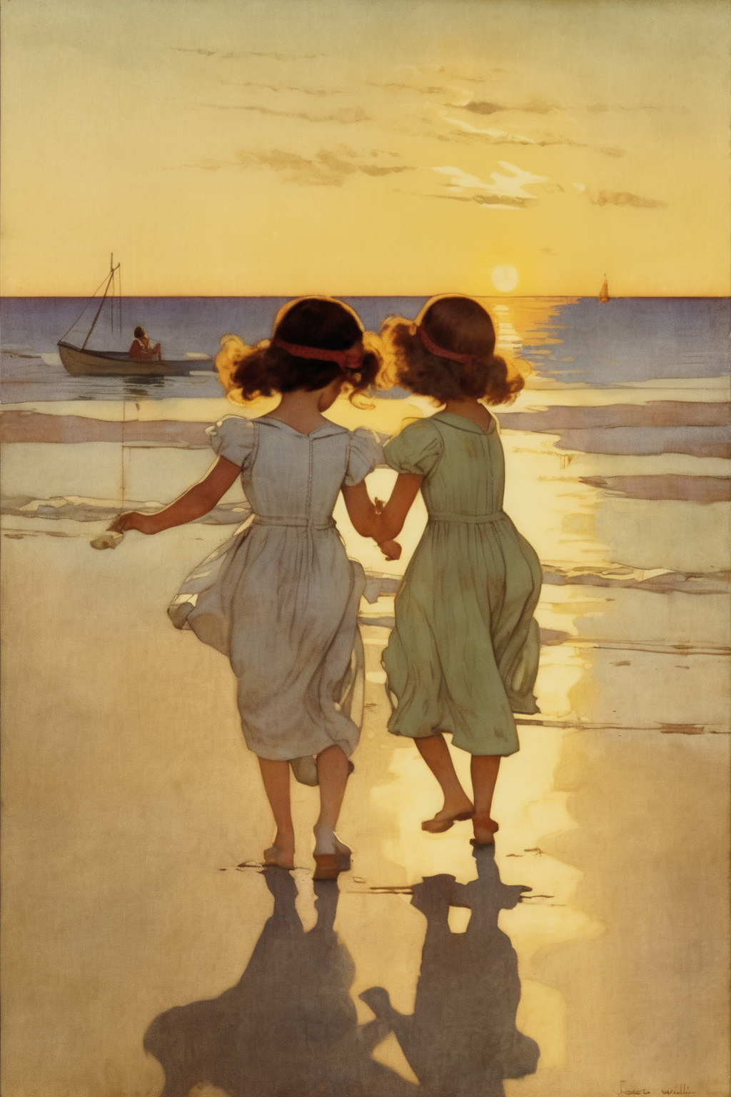 Jessie Willcox Smith Style - two little girls playing at a Sunset beach all paintet in jessie willcox smith tyle