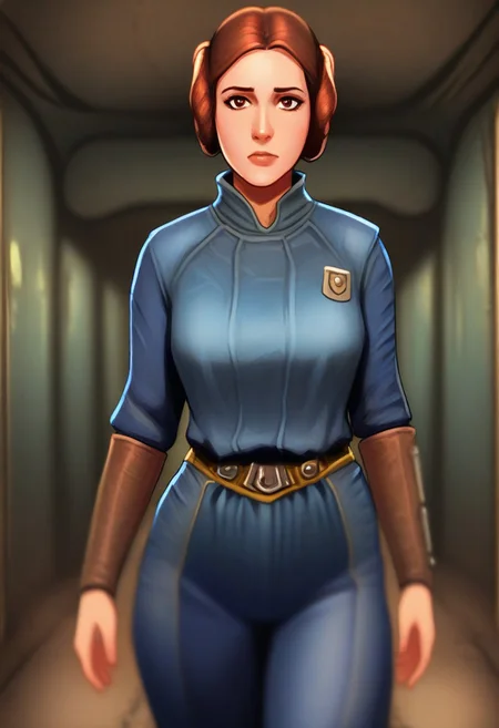 masterpiece, best quality, princessleia, 1girl, solo, brown hair, hair buns, brown eyes, blue jumpsuit, leather bracers, fallout, cowboy shot, looking at viewer, futuristic interior, depth of field,
