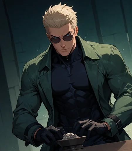 PonyScores7, source_anime, ah, 1IllustriousQual,
BREAK (Dutch Angle, (from back), far from viewer),
BREAK <lora:albertwesker-guy-PONYv1:0.8>, albertwesker, 1boy, toned, athletic, fit, mature male, angular face, sharp_featured face, handsome, charming, alluring, <lora:shinyskin2:0.2>, glistening skin, AS-MidAged,
BREAK slicked back hair, short hair, blonde, <lora:hairdetailpxl:0.2>, hairdetailpxl,
BREAK blue eyes, <lora:expressive eyes:0.2>, expressive eyes, <lora:eyedetailpxl:0.2>, eyedetailpxl, <lora:Eyes_High_Definition:0.2>, EyesHD,
BREAK (A whirlpool of liquid mercury swirls in the palm, reflecting impossible visions),
BREAK (an avant-garde dance studio with neon lights outlining the floor and walls, creating a high-energy atmosphere reminiscent of a contemporary dance performance),
BREAK melancholic expression, Soft gaze, slight frown, reflective expression, <lora:Expressive_H:0.2>, Expressiveh, looking at viewer, <lora:Emotional_Anime_Expressions_PonyXL_Concept:0.2>, emotional, <lora:Best_Facial_Expression_LoRA_PONY:0.2>, <lora:Detailed expressive EXEV style -XL Pony V1.0:0.2>, FaceDetail,
BREAK (cerulean virtuality fiber bodysuit, filed horn prosthetics, large stone hand prop, palm green trench coat), (sunglasses:1.3),
BREAK <lora:xl_more_art-full_v1:0.2>, <lora:aesthetic_anime_v1s:0.2>, <lora:EpicF4nta5yXL:0.2>, <lora:detailxl:0.2>, detailxl, <lora:Fant5yP0ny:0.2>, best quality, amazing quality, best aesthetic, absurdres, illustration, Volumetric_Lighting, ultra-detailed, very aesthetic, intricate details, 8k, masterpiece, best_quality,
BREAK Stable_Yogis_PDXL_Positives, AS-Adult, <lora:Complicated fantasy portrait - XL Pony V2.0:0.2>, bad-hands-5, <lora:HDA_Detailer:0.3>,