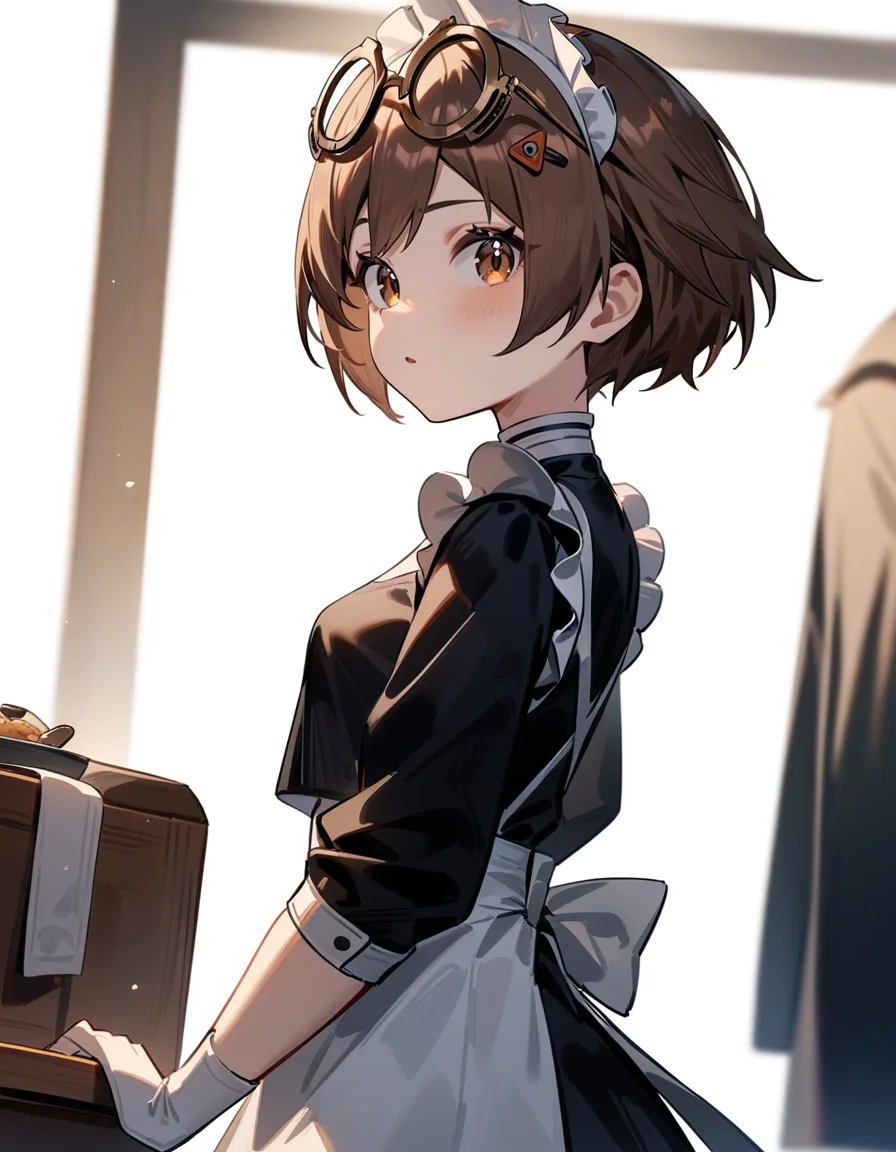 masterpiece,best quality,very aesthetic,absurdres,
white background,maid_headdress,maid,looking at viewer,from side,
<lora:qianqiu_xl:0.6>,felllowmoon-qianqiu,1girl,solo,brown hair,short hair,brown eyes,hair ornament,full shot,small breasts,eyewear on head,
