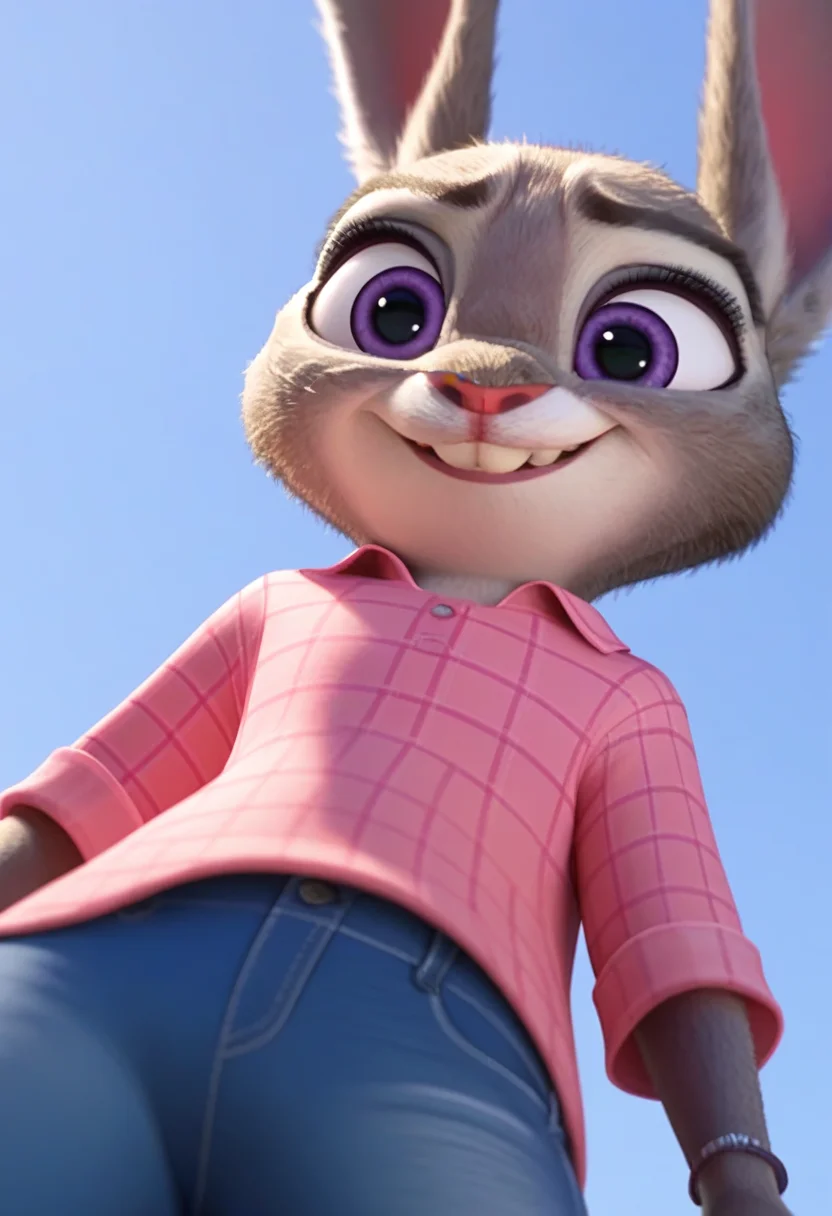 judyhopps, bunny, purple eyes, low angle, smirk, pink shirt, jeans <lora:judyhopps-v2-ponyv6xl:0.8>, (score_9, score_8_up, score_7_up,:0.7)