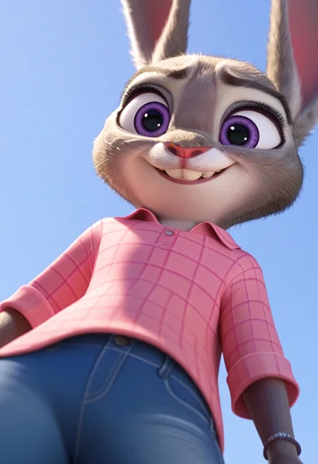 judyhopps, bunny, purple eyes, low angle, smirk, pink shirt, jeans <lora:judyhopps-v2-ponyv6xl:0.8>, (score_9, score_8_up, score_7_up,:0.7)