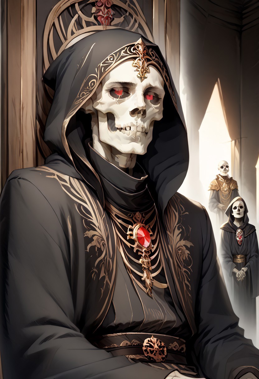 8k, score_9, score_8_up, score_7_up, Art Noveau, masterpiece, 1man (skeleton), (skull face), empty eye sockets, glowing red eyes, grey skin,
intricate black robe, intricate gold sash, black pants, black hood, gold trim, black capelet, high collar, no ears, long sleeves, long intricate gloves, emerald amulet. bracers,
sitting on throne, dark ruined palace, indoors,
1dk, portrait, Art Noveau, Noveau, skeleton, glowing eyes, black sclera, empty eyes, FFAOR, sharp_LASCALAE, ultra sharp focus,