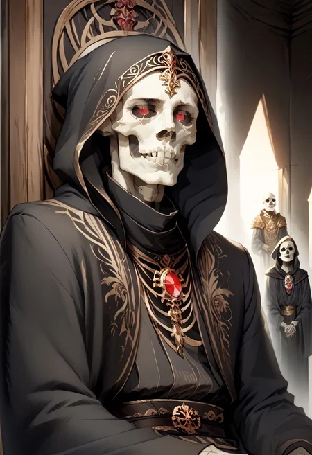 8k, score_9, score_8_up, score_7_up, Art Noveau, masterpiece, 1man (skeleton), (skull face), empty eye sockets, glowing red eyes, grey skin,
intricate black robe, intricate gold sash, black pants, black hood, gold trim, black capelet, high collar, no ears, long sleeves, long intricate gloves, emerald amulet. bracers,
sitting on throne, dark ruined palace, indoors,
1dk, portrait, Art Noveau, Noveau, skeleton, glowing eyes, black sclera, empty eyes, FFAOR, sharp_LASCALAE, ultra sharp focus,