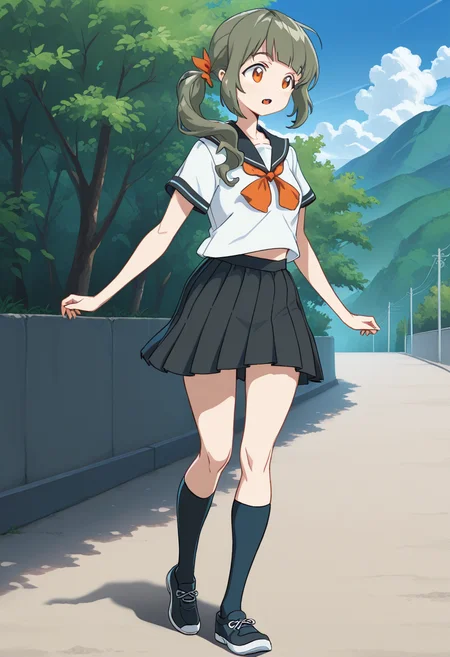 1girl, solo, lrheroine, green hair, side ponytail, long hair, blunt bangs, hair ribbon, orange eyes, shirt, short sleeves, sailor collar, neckerchief, pleated skirt, school uniform, kneehighs, shoes, outdoors, walking, full body, open mouth