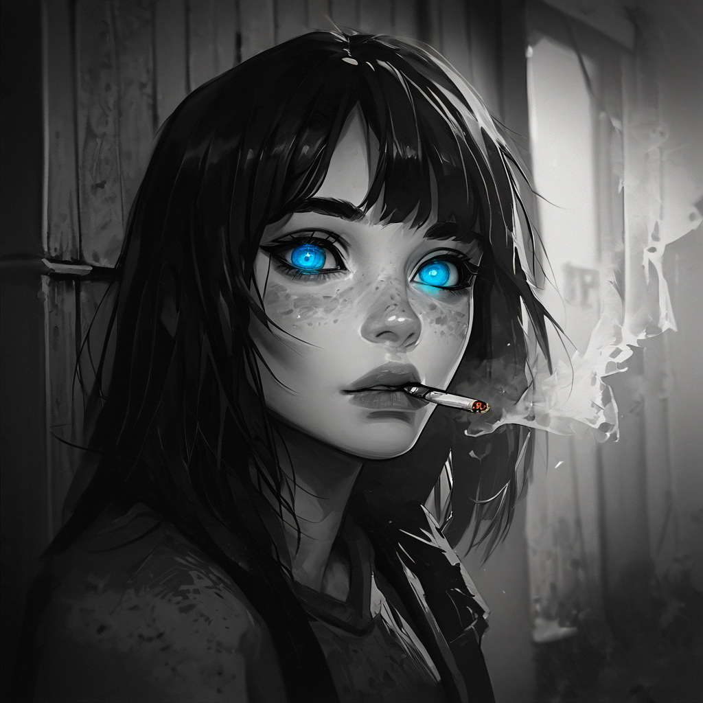 score_9,score_8_up,score_7_up,
LowKeyLights_v2, 1girl,solo,looking at viewer,bangs,blue eyes,black hair,monochrome,greyscale,lips,glowing,portrait,glowing eyes,smoke,freckles,spot color,cigarette,smoking,dark,eye detail,
 <lora:low-key_lights_v2_pony:0.8>