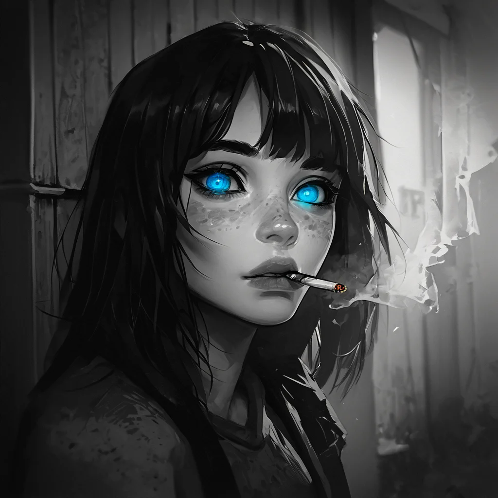 score_9,score_8_up,score_7_up,
LowKeyLights_v2, 1girl,solo,looking at viewer,bangs,blue eyes,black hair,monochrome,greyscale,lips,glowing,portrait,glowing eyes,smoke,freckles,spot color,cigarette,smoking,dark,eye detail,
<lora:low-key_lights_v2_pony:0.8>