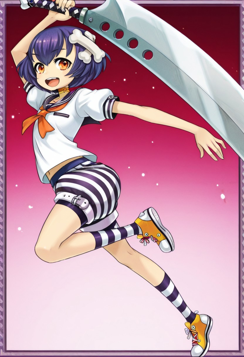zPDXLx, mur4k4mi-ip,anime screencap, anime art style, criminal girls 2, mizuki (criminal girls), purple hair, mizuki kurushima, 1girl, solo, short hair, striped, shoes, hair ornament, flat chest, open mouth, bone hair ornament, smile, orange eyes, school uniform, uniform, (pants:1), small body, cute gir, short stature,short shorts,weapon, sword,huge weapon,open mouth,Action pose, Action, stance, swinging sword,adult