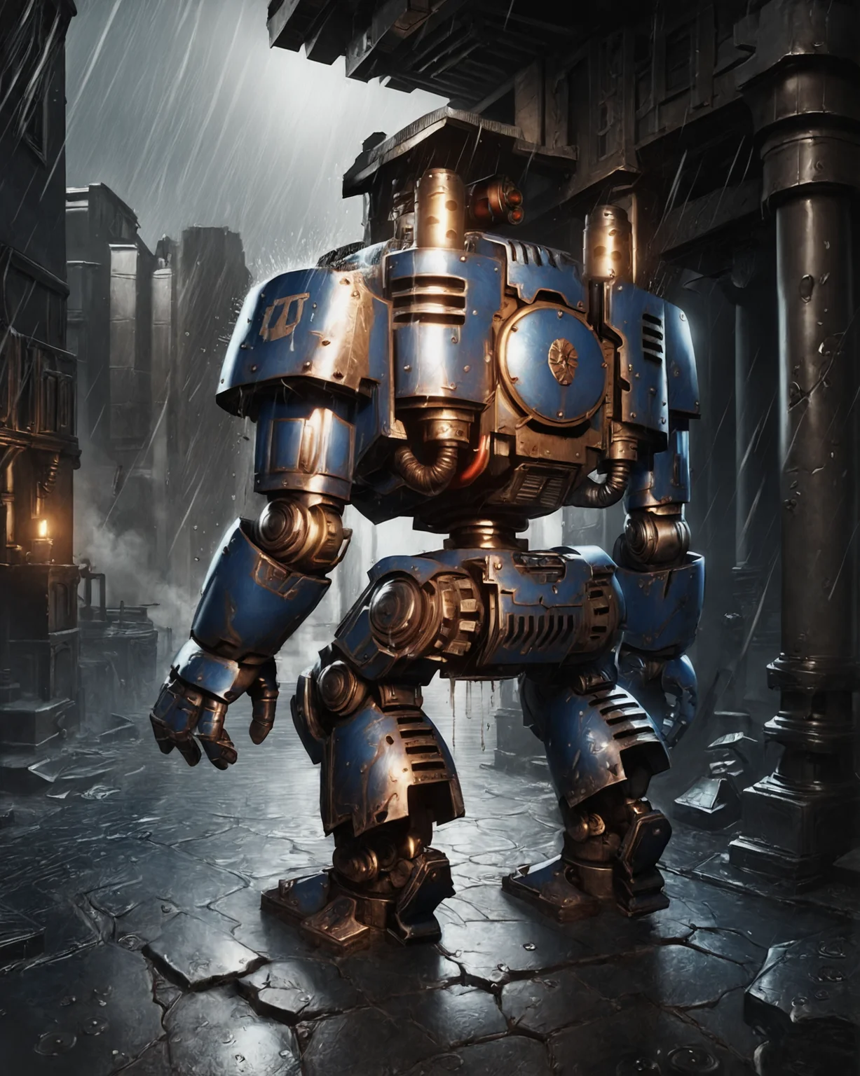 score_9, score_8_up, score_7_up, rating_questionable, intricately detailed, 
<lora:W40k_Ultramarine_Dreadnought:0.9>, 
drn0ghtclosed, humanoid robot, headless, solo, cowboy shot, 
back, 
rain, wet street, wet, destroyed city, battlefield, ruins, burning wreckage, on a cracked road, at night, darkness, rainfall, dark theme, 
depth of field, detailed background, 
<lora:ral-chrosc-clr:0.5>, ral-chrosc-clr, 
<lora:Expressive_H:0.5>, expessiveH,
 <lora:xl_more_art-full_v1:0.3>, 
<lora:add-detail-xl:0.3>
