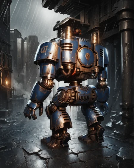 score_9, score_8_up, score_7_up, rating_questionable, intricately detailed,
<lora:W40k_Ultramarine_Dreadnought:0.9>,
drn0ghtclosed, humanoid robot, headless, solo, cowboy shot,
back,
rain, wet street, wet, destroyed city, battlefield, ruins, burning wreckage, on a cracked road, at night, darkness, rainfall, dark theme,
depth of field, detailed background,
<lora:ral-chrosc-clr:0.5>, ral-chrosc-clr,
<lora:Expressive_H:0.5>, expessiveH,
<lora:xl_more_art-full_v1:0.3>,
<lora:add-detail-xl:0.3>