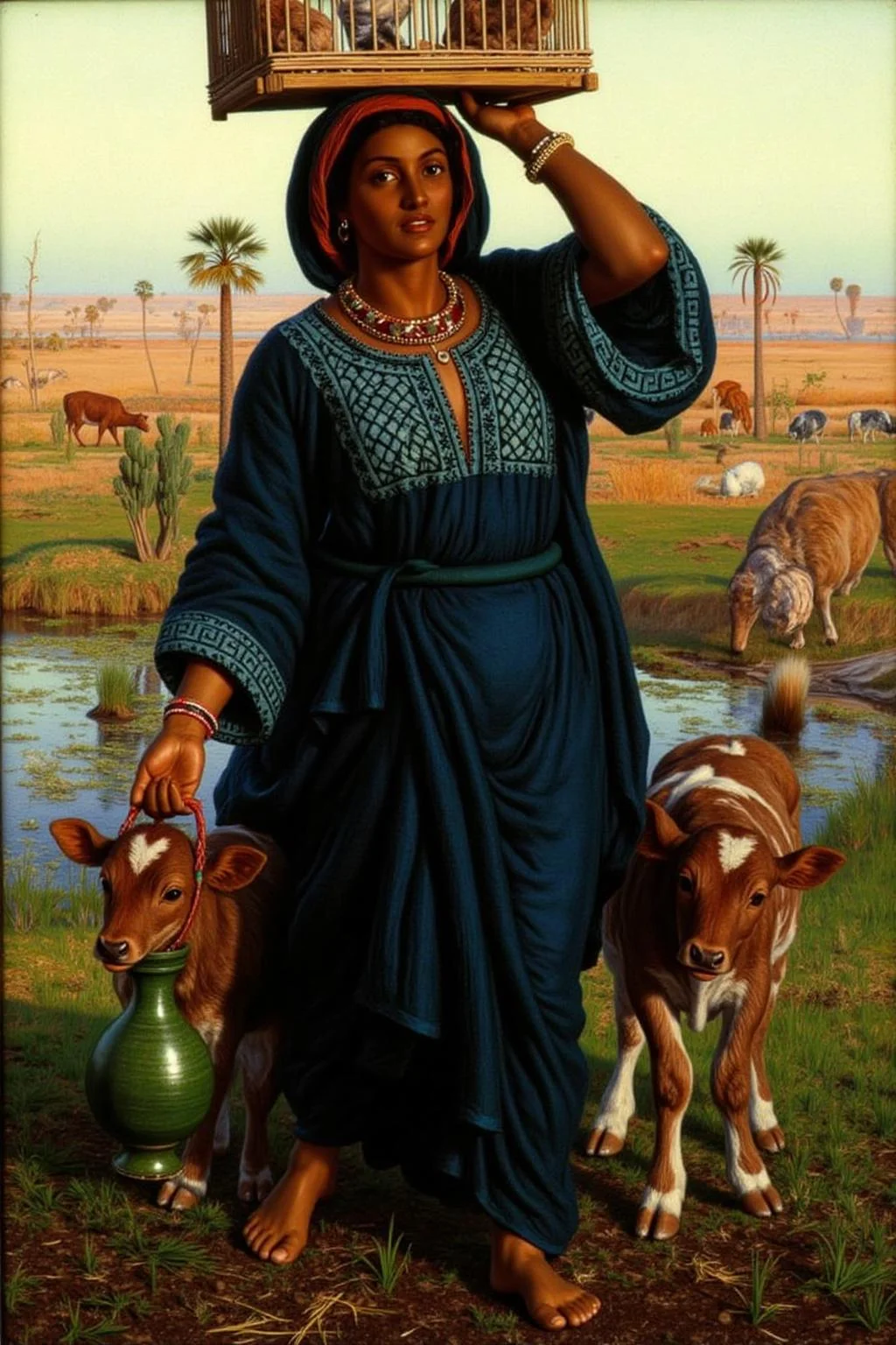 williamhhunt1 painting.
A Middle Eastern woman walking through a rural landscape. She wears a flowing deep blue robe with intricate white geometric patterns on the chest. She carries a cage with chickens on her head and holds a green vase in her hand. A calf walks beside her. <lora:williamhhunt1_cap_d6a3e9:1.0><lora:838042742157401497:0>