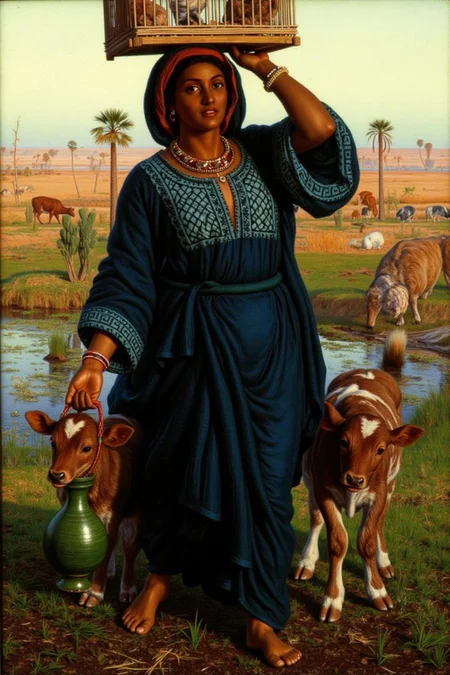 williamhhunt1 painting.
A Middle Eastern woman walking through a rural landscape. She wears a flowing deep blue robe with intricate white geometric patterns on the chest. She carries a cage with chickens on her head and holds a green vase in her hand. A calf walks beside her. <lora:williamhhunt1_cap_d6a3e9:1.0><lora:838042742157401497:0>