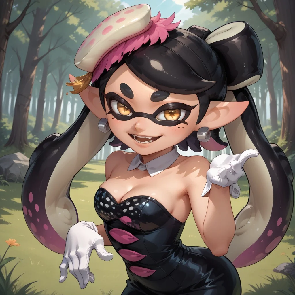 score_9, score_8, BREAK, solo, Callie_(Splatoon), 1girl, solo, black hair, long hair, mole, mole under eye, pointy ears, long hair, yellow eyes, tentacle hair, breasts, parted lips, white gloves, cleavage, bare shoulders, jewelry, purple hair, pantyhose, earrings, detached collar, +_+, self portrait, smile, looking at viewer, outdoors, sunlight, shadows, evening lighting, natural lighting, forest, trees, grass, orange sky, sunset