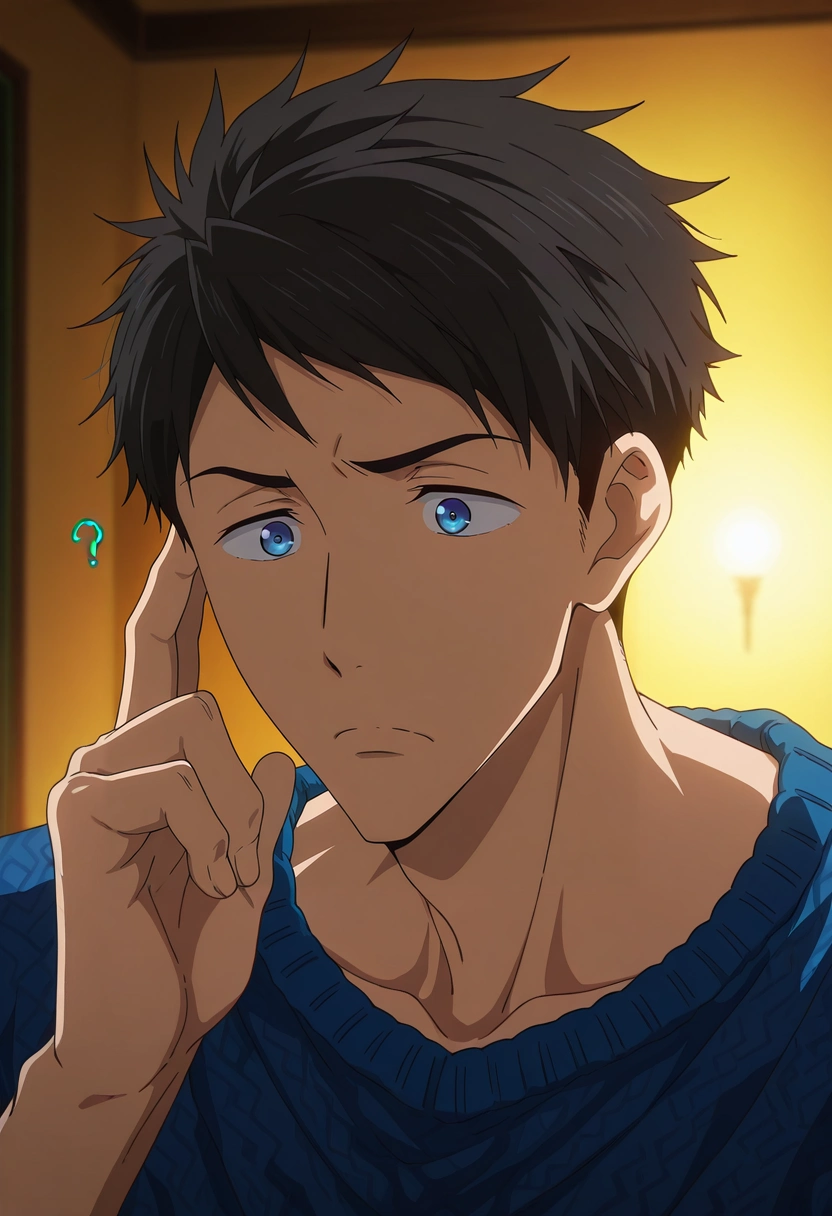 masterpiece, best quality, , anime screencap, anime coloring, official style, , 1boy, solo, male focus, <lora:sousuke_yamazaki_ilxl:0.98>, sousuke_yamazaki, black hair, blue eyes, short hair, confused thought, hand raised to head, furrowed brow, thinking pose, neutral lighting, christmas costume