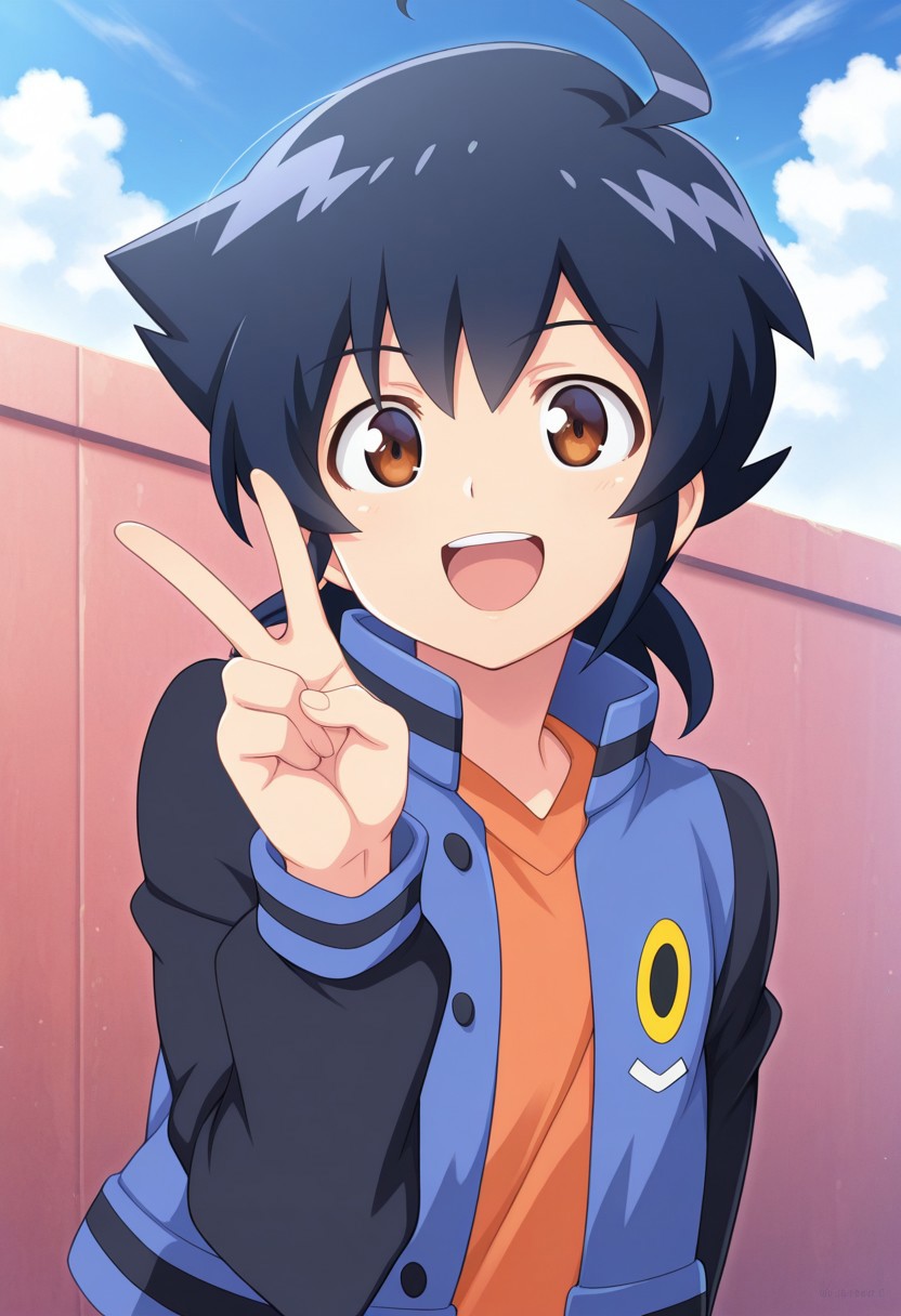 masterpiece,best quality,amazing quality, source_anime,
hirozora, 1boy, male focus, solo, brown eyes, blue hair, medium hair, ahoge, shirt, orange shirt, jacket, blue jacket, black sleeves, open jacket, smile, open mouth, happy, v sign, looking at viewer, upper body,
day, sky, clouds,