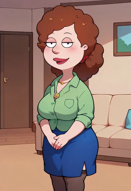 score_9,score_8_up,score_7_up,score_6_up,best quality, 1girl, solo, living room, couch, indoors,
BREAK
unnamed girl, brown hair, black eyes, (mature female:1.5), (plump:1.2), large breasts, gigantic hips, green sweater, rolled up sleeves, blue skirt, stockings, own hand together, blush, smile, looking at viewer, long skirt, half-closed eyes, necklace,