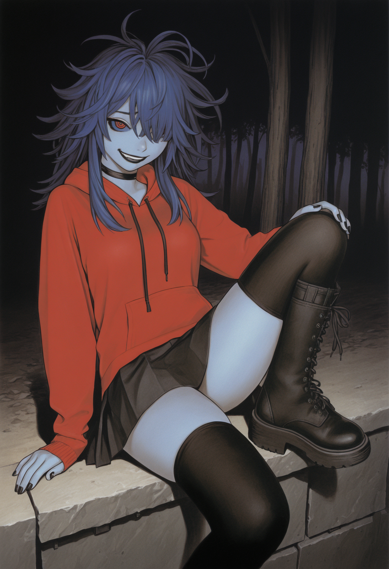 masterpiece, best quality, newest, absurdres, highres, traditional media, 1girl, solo, colored skin, blue skin, red eyes, blue sclera, long hair, blue hair, messy hair, ringed eyes, red hoodie, black skirt, pleated skirt, miniskirt, combat boots, platform boots, knee boots, black thighhighs, black choker, blue drawstrings, black lips, hair over one eye, evil smile, gesugao, medium hair, hair over shoulder, bangs, black nails, black footwear, black laces, hood down, outdoors, night, forest,
 <lora:murata_ill_v2:1>