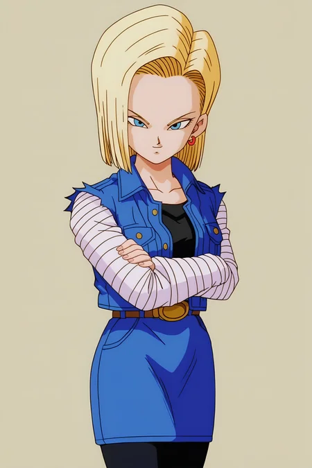 source_anime, score_9, score_8_up, score_7_up, anime screencap, high quality, 
android 18, android saga, 1990s \(style\), anime coloring, retro artstyle, 1girl, solo, looking at viewer, smile, short hair, blue eyes, blue skirt, blonde hair, black shirt, belt, open jacket, pantyhose, earrings, black legwear, crossed arms, denim, denim skirt, denim jacket, collared jacket, sleeveless jacket, collarbone, cowboy shot, evil smile, eyelashes, gold earrings, fingernails, long sleeves, striped sleeves, v-shaped eyebrows, v-shaped eyes, white sleeves
 <lora:c18_pony:0.8>