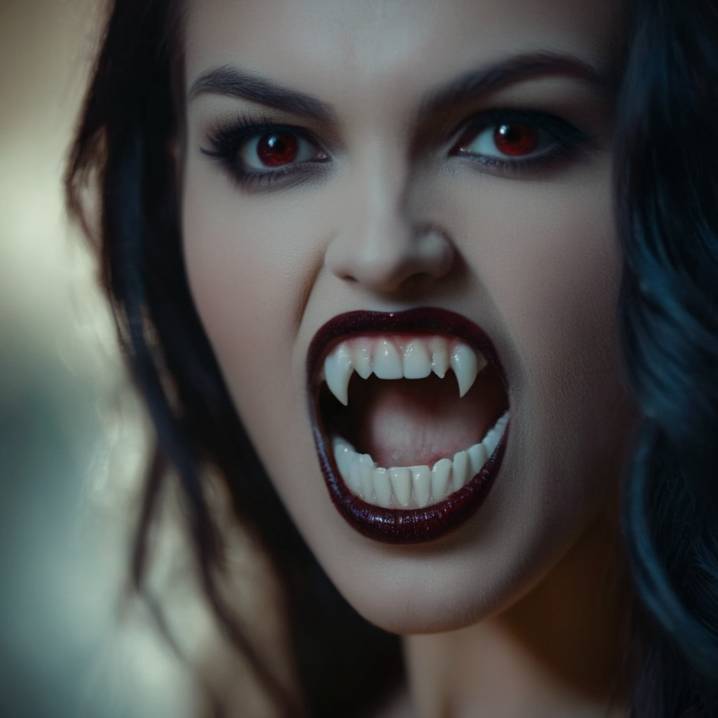 cinematic film still of  <lora:64_vampire fangs teeth:1> vampire fangs teeth Cinematic Film Look
a naked woman in a dress is posing for a picture vampire fangs teeth, shallow depth of field, vignette, highly detailed, high budget, bokeh, cinemascope, moody, epic, gorgeous, film grain, grainy