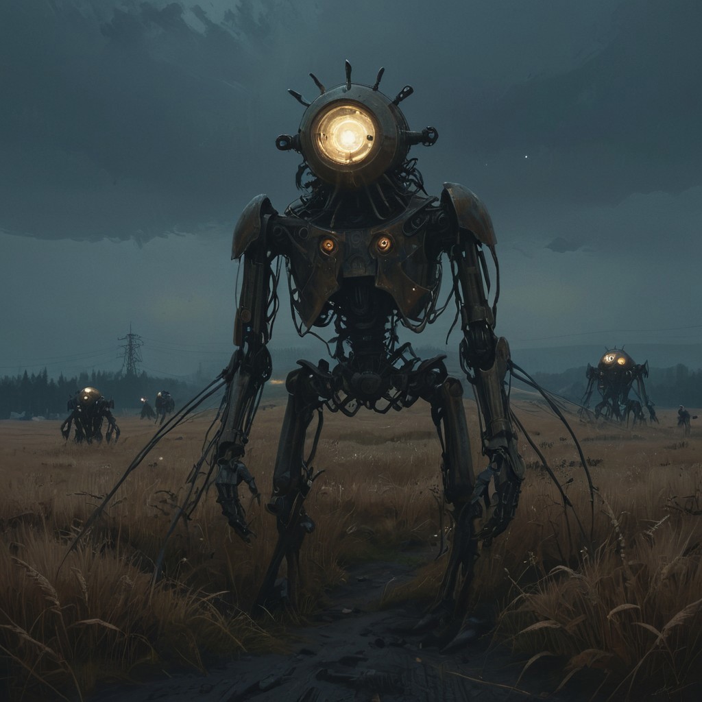 a painting that captures the essence of a poem: 
(Fields where machine souls rust under the light of a dying star, 
Veni, vidi, vici; 
When heaviest is the crown of the ghost of a god, none dare come out to play; 
Use caution when dealing with the fallible tenets of the aegis rimwalkers; 
Cyborg religious sects turned loose with the coming of the new dawn; 
I offer this advice in earnest, for soon we shall see many a truth uncovered; 
Do not despair my voidwalker, for what happens in the dark is destined to come to light, now and forever more...), 
Andrei Tarkovsky Style page,detailxl,in the style of simon-stalenhag,