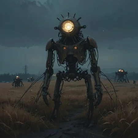 a painting that captures the essence of a poem:
(Fields where machine souls rust under the light of a dying star,
Veni, vidi, vici;
When heaviest is the crown of the ghost of a god, none dare come out to play;
Use caution when dealing with the fallible tenets of the aegis rimwalkers;
Cyborg religious sects turned loose with the coming of the new dawn;
I offer this advice in earnest, for soon we shall see many a truth uncovered;
Do not despair my voidwalker, for what happens in the dark is destined to come to light, now and forever more...),
Andrei Tarkovsky Style page,detailxl,in the style of simon-stalenhag,