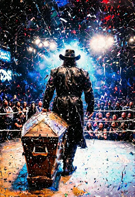 professional photograp of The Undertaker from wrestling, carrying a coffin, dynamic angle, arena scene, cinematic feel, movie grain, extreme detail, ultra realism, depth of field, viginette